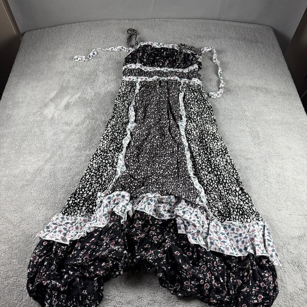 FREE PEOPLE Yesica Floral Ruffle-Trim Maxi Dress Womens Size 8 Black Combo